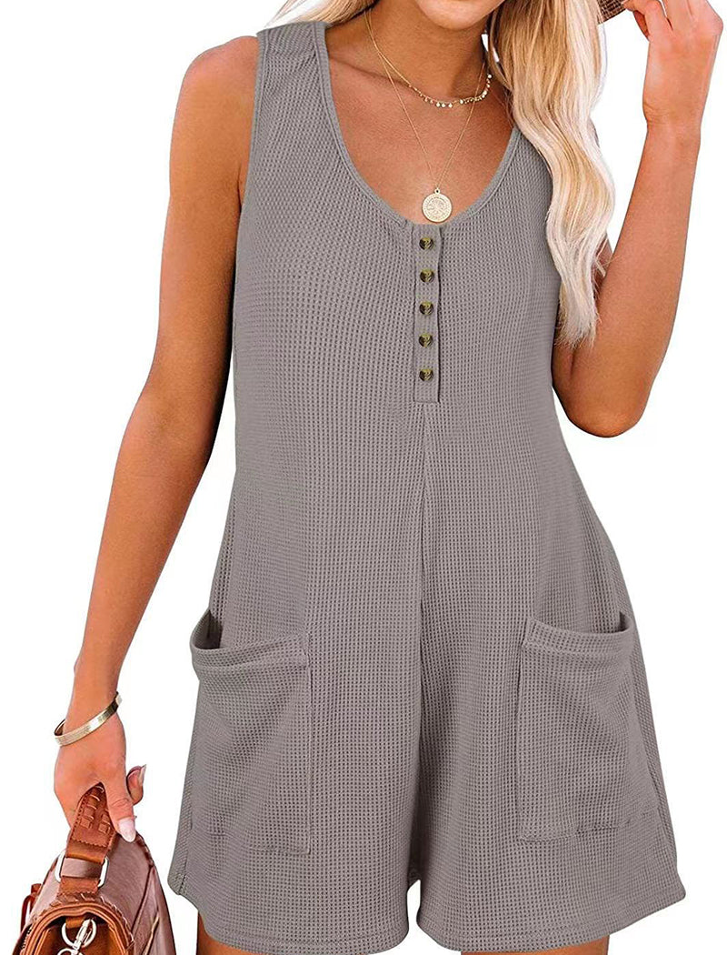 Sleeveless Button-Up Romper with Pockets