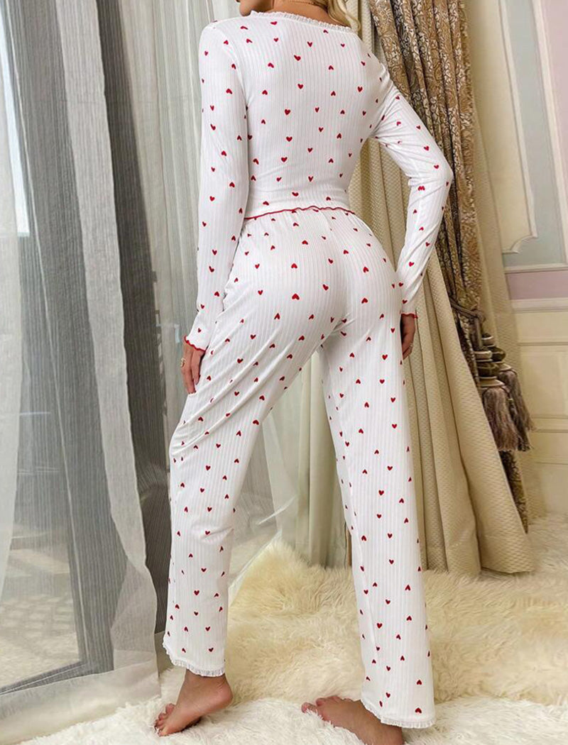 Heart-Print Buttoned Pajama Set
