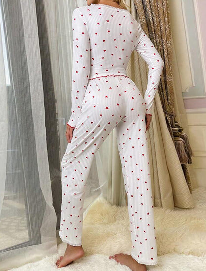 Heart-Print Buttoned Pajama Set