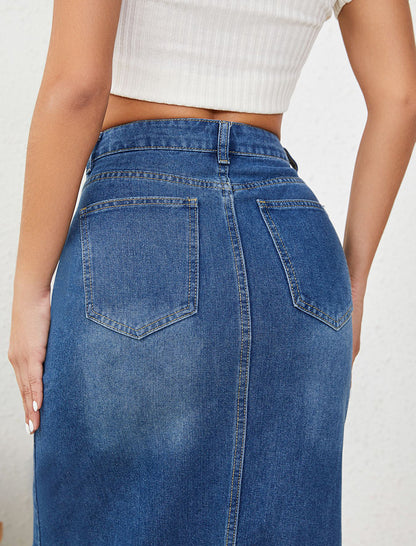 High-Rise Denim Split-Hem Maxi Skirt