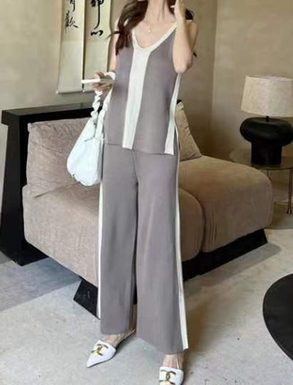 V-Neck Knit Top and Color-Block Wide-Leg Pants Set