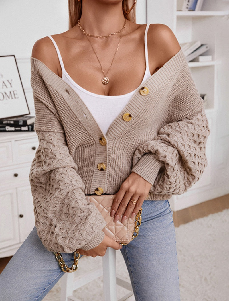 V-Neck Textured Sleeve Buttoned Cardigan