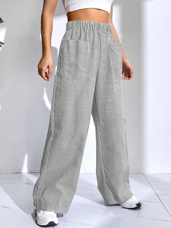 Elastic Striped Wide-Leg Pants