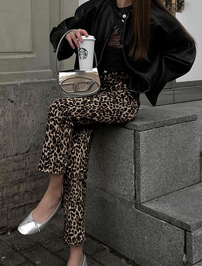 Leopard Print Straight-Leg Pants