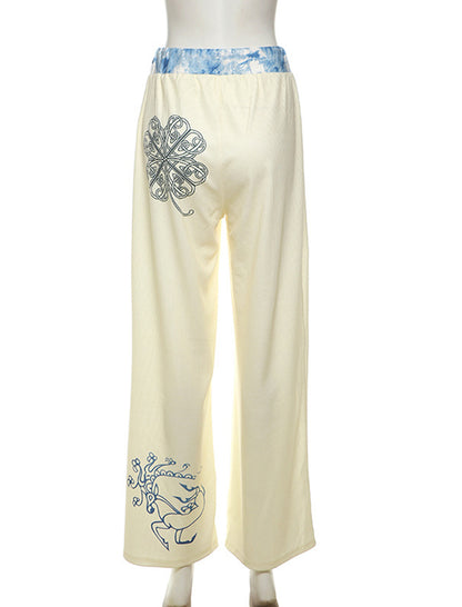 Wide-Leg Drawstring Graphic Pants