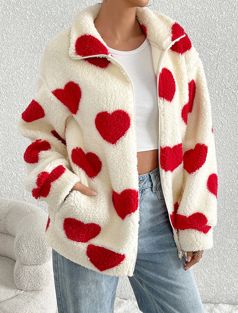 Fleece Heart Print Zip-Up Cardigan