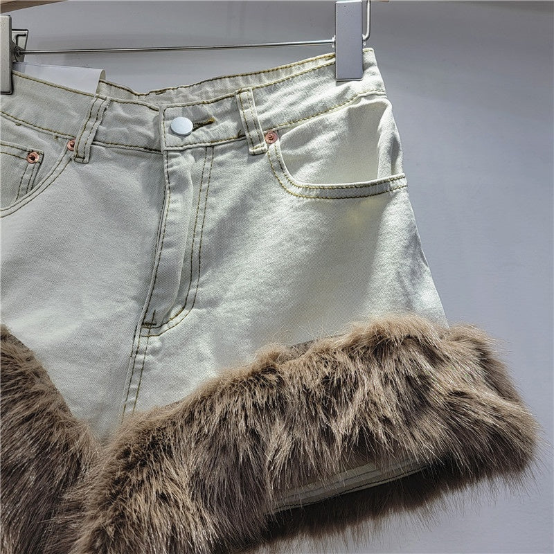 Faux Fur Trim High-Waisted Denim Shorts