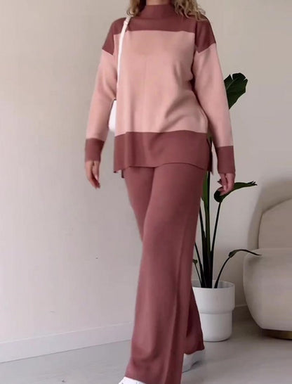 Color-Blocked Top and Wide-Leg Pants Set