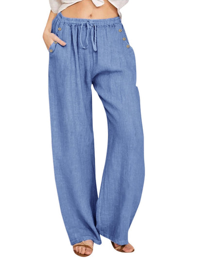 Wide-Leg Buttoned Drawstring Pants