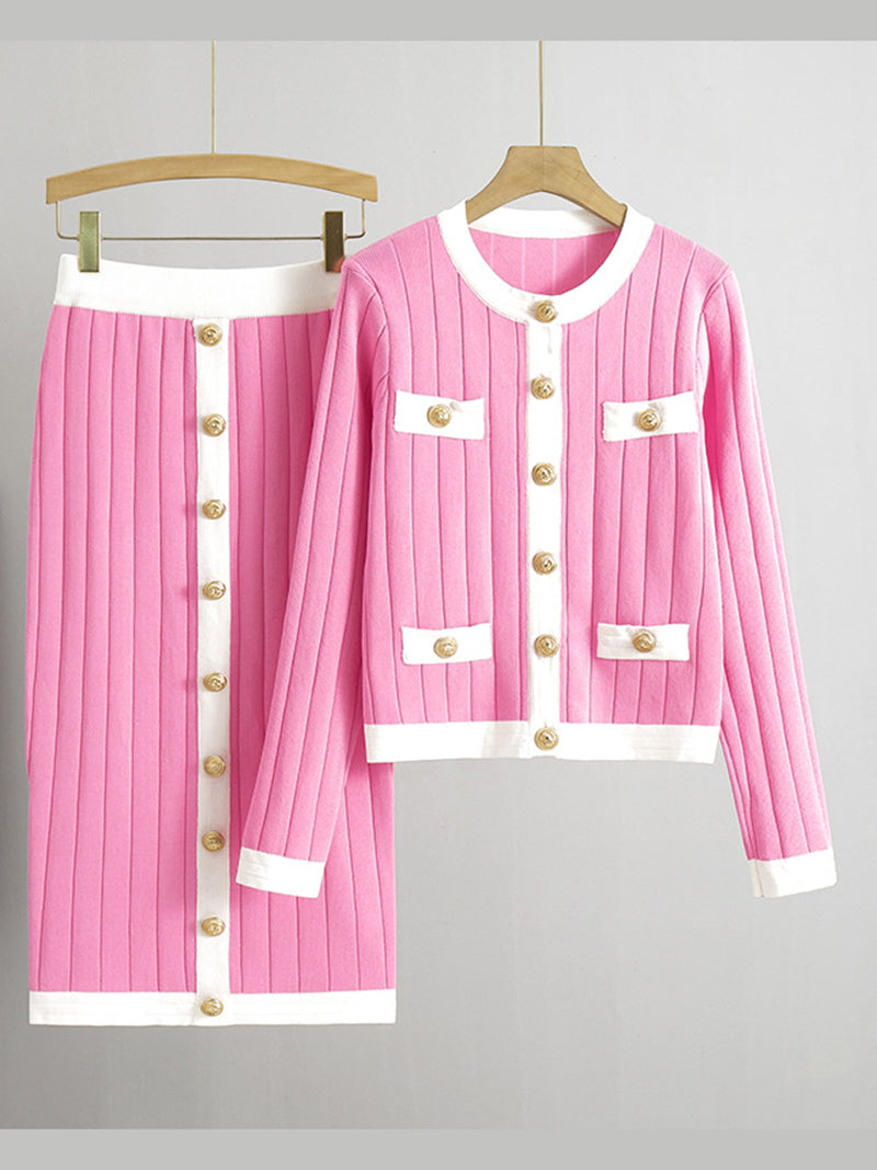 Pleated Button-Up Cardigan and Skirt Set