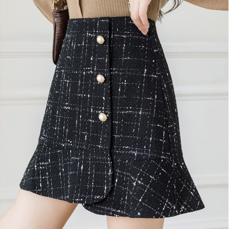 Ruffle Plaid Button Skirt