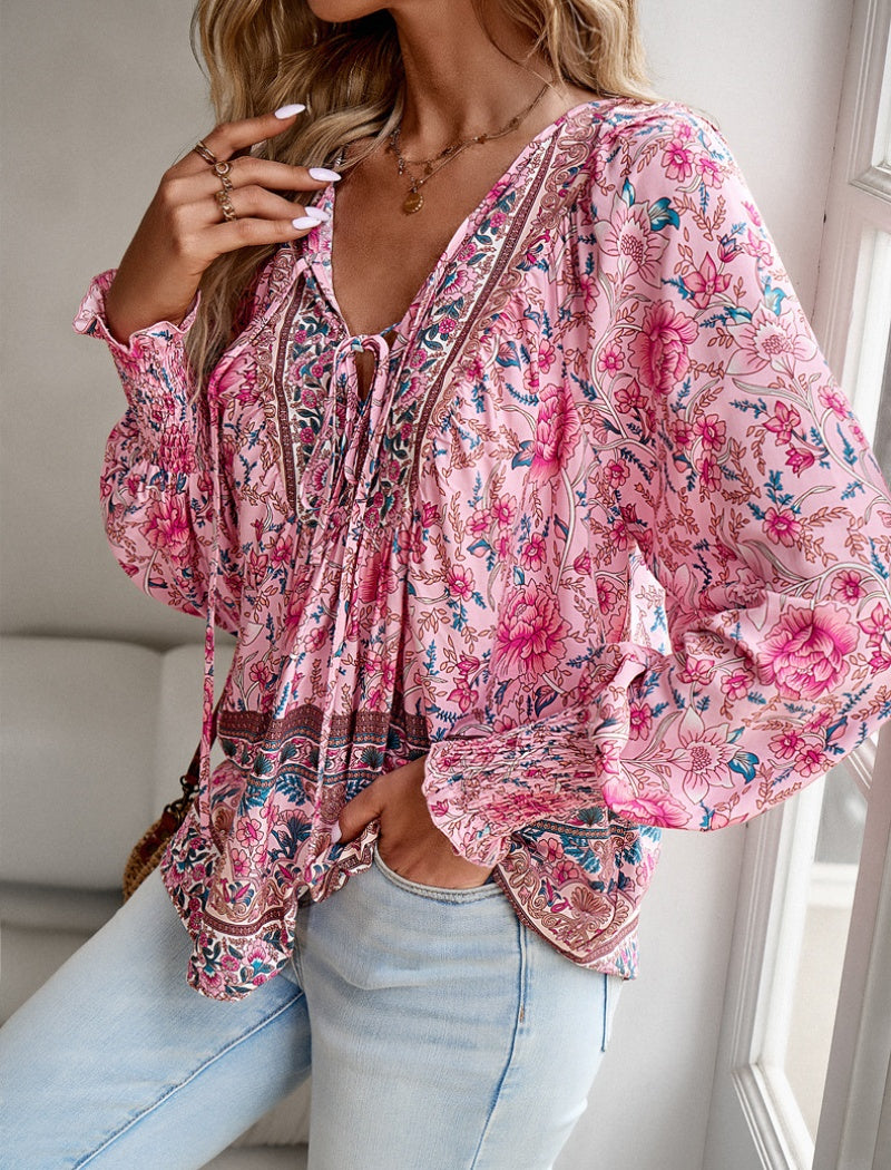 Printed Button-Down V-neck Long Sleeve Top