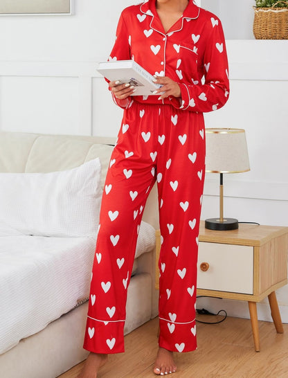 Heart Print Long Sleeve Shirt and Pants Set