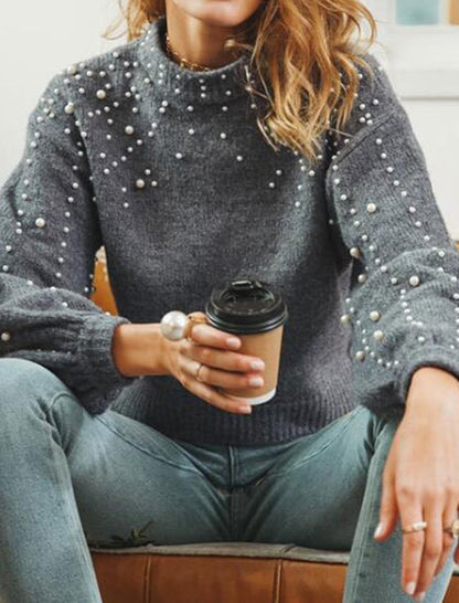 Pearl Embellished Mock Neck Sweater