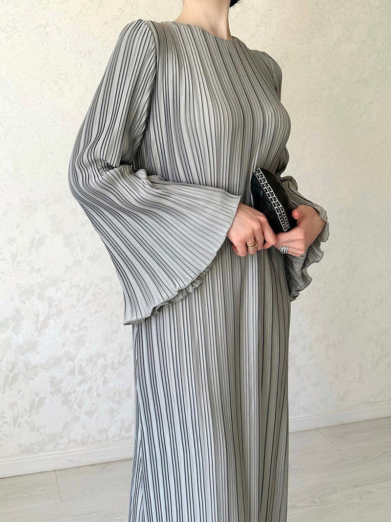 Pleated Long-Sleeve Maxi Dress