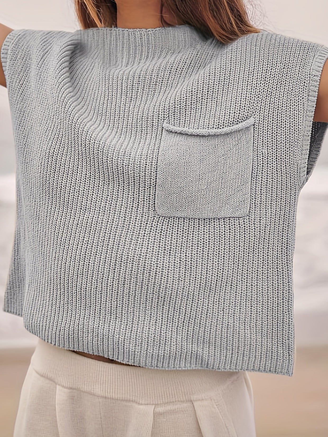 Solid Sleeveless Pocket Sweater