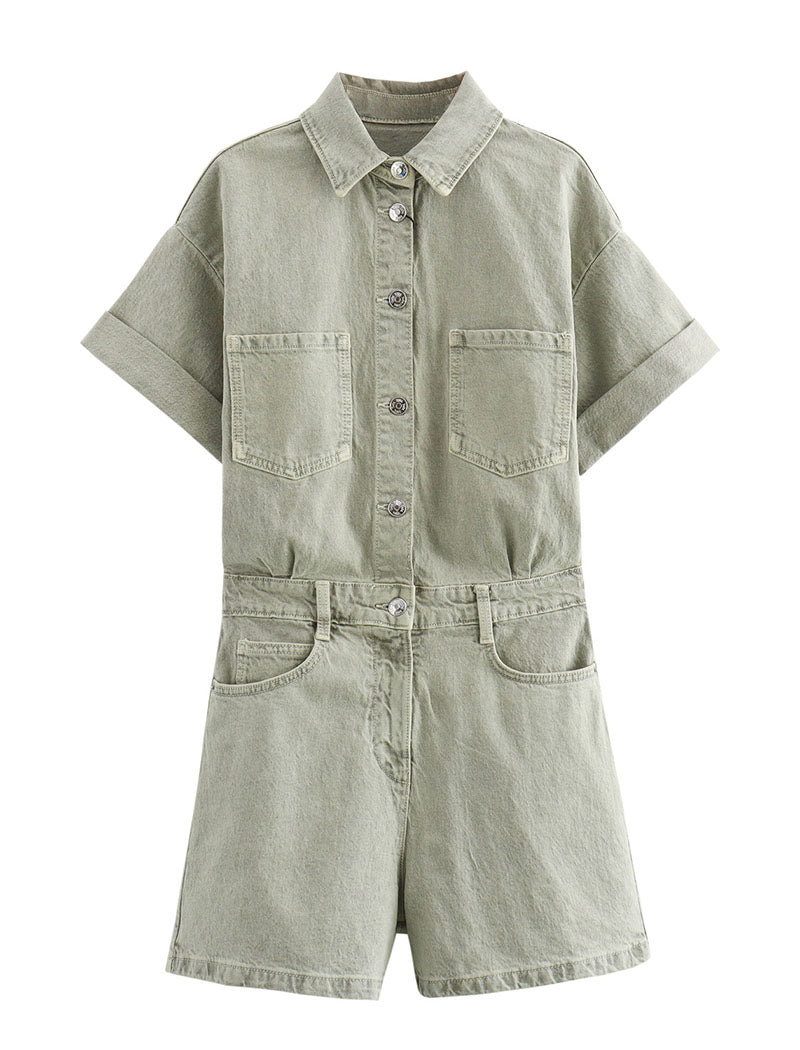 Collared Short Sleeve Denim Romper