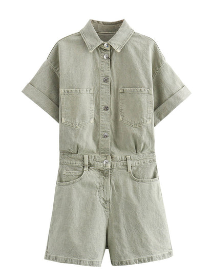 Collared Short Sleeve Denim Romper