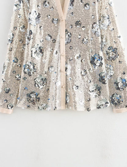 Sequin Loose-Fit Long Sleeve Button-Down Shirt