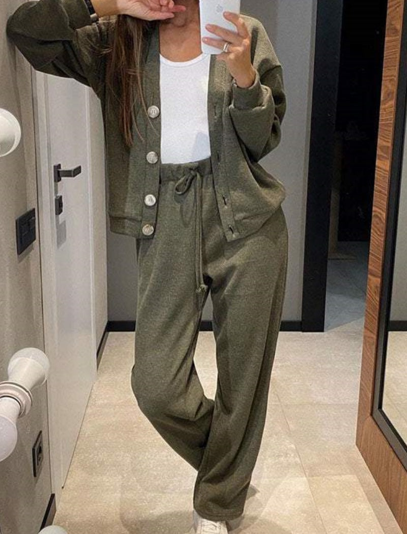 Buttoned Cardigan and Wide-Leg Pants Set