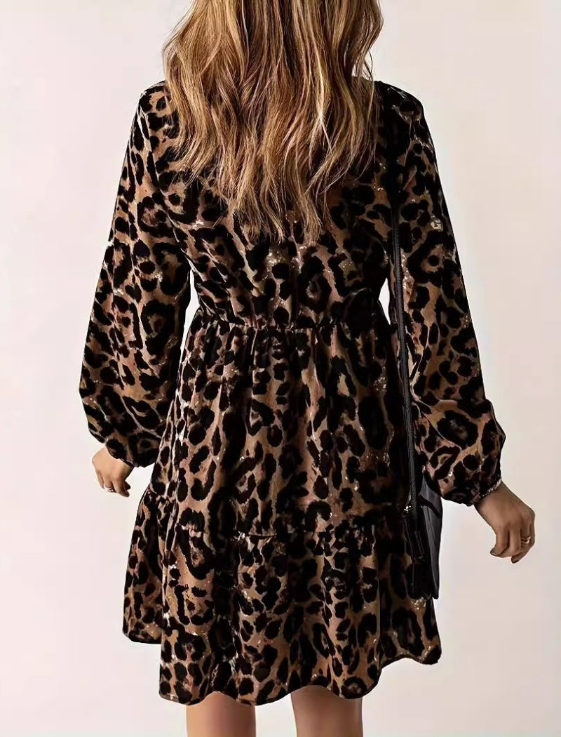 Leopard Print Long Sleeve Tiered Dress