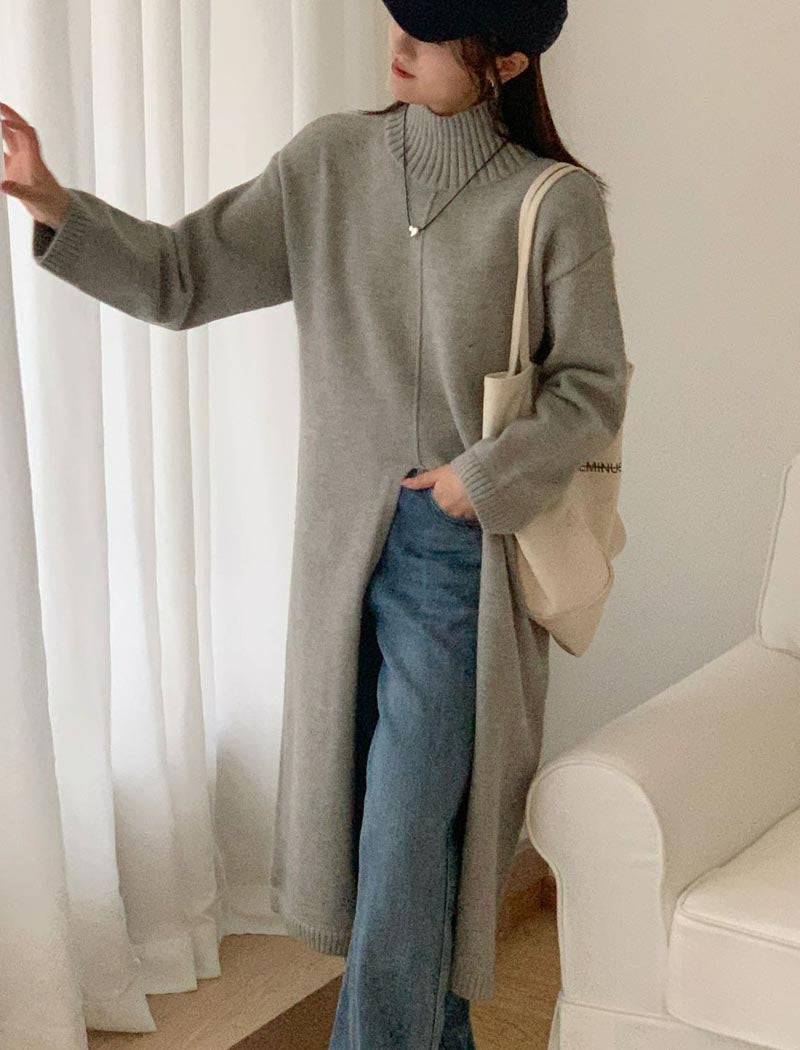 High-Neck Slit Sweater Maix Dress