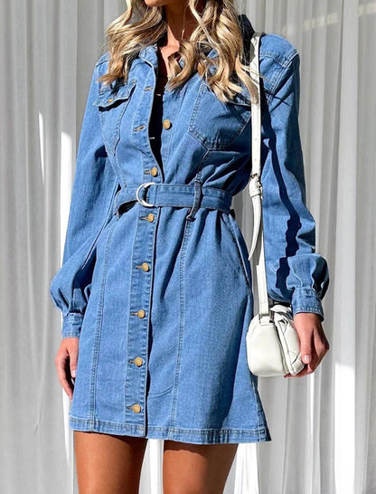 Buttoned Belted Denim Mini Dress