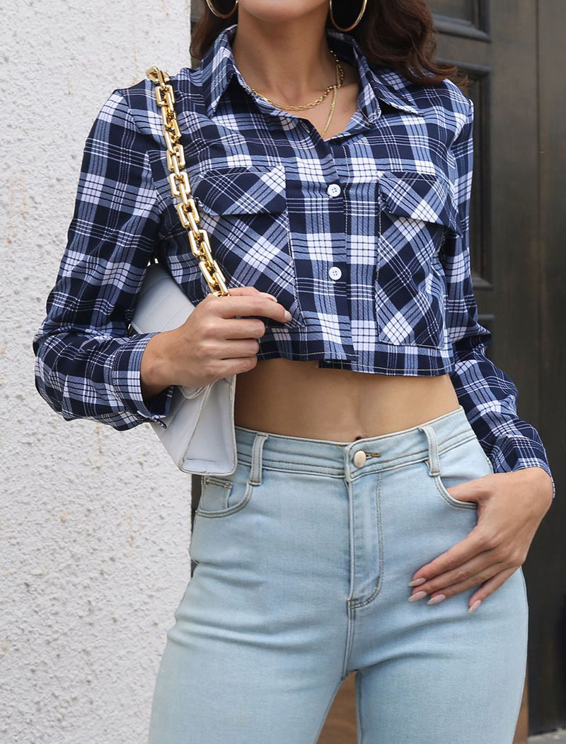 Cropped Plaid Shirt with Pocket Details