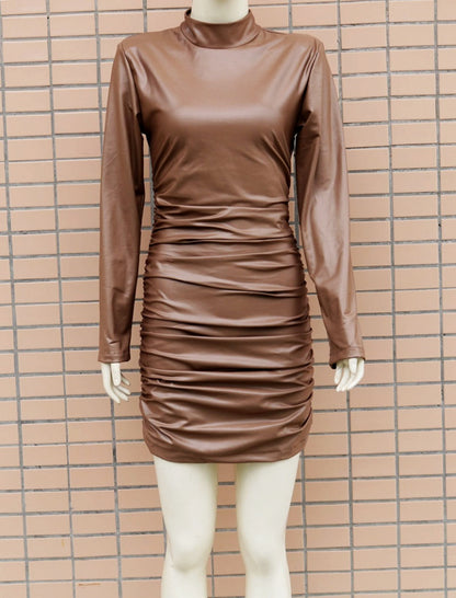 High-Neck Faux Leather Mini Dress