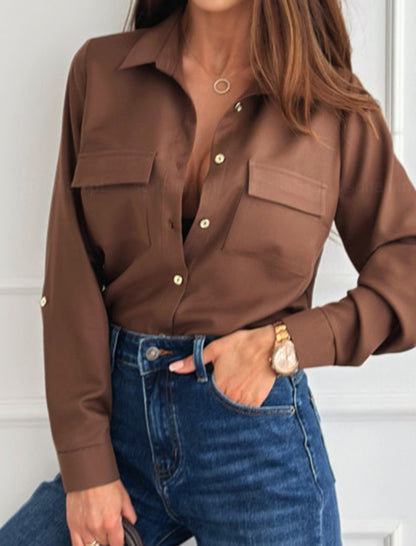 Solid Rolled Sleeve Single-Button Long Sleeve Shirt