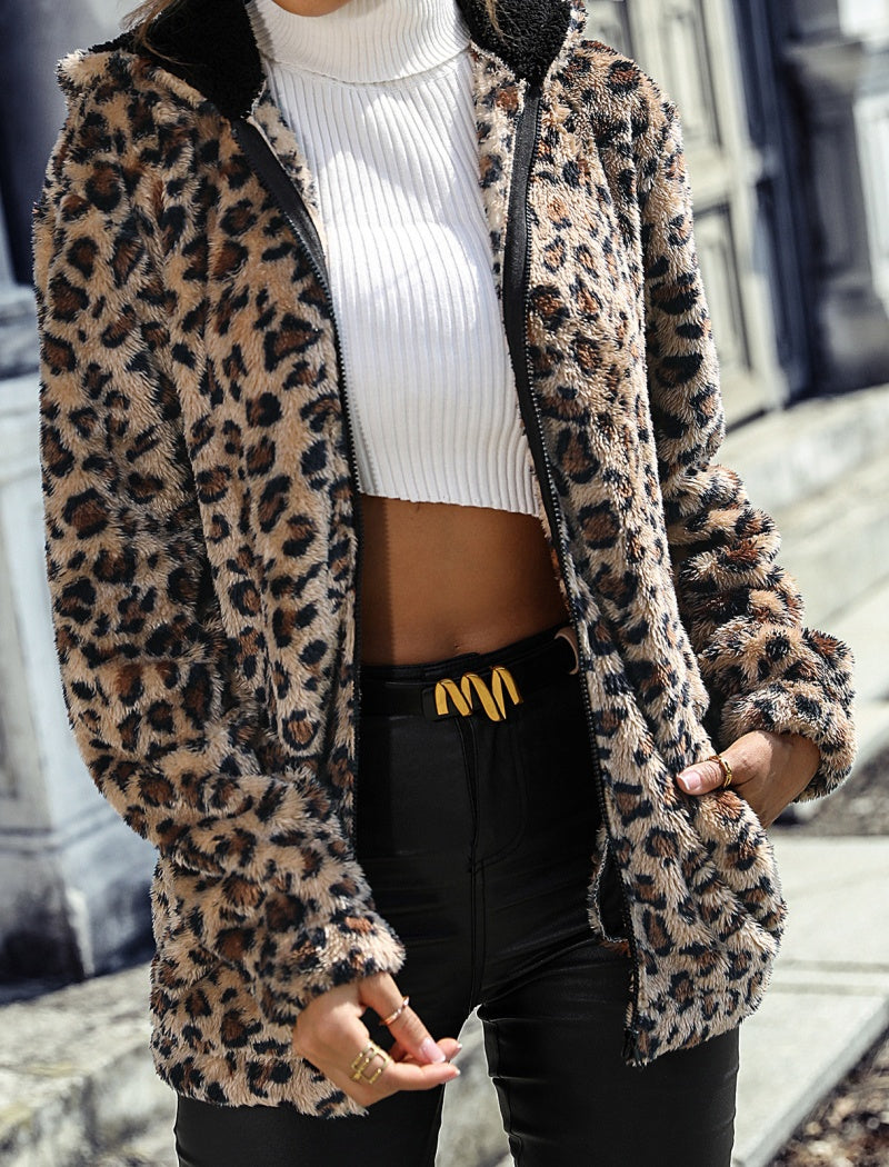 Fuzzy Leopard Print Zip-Up Jacket