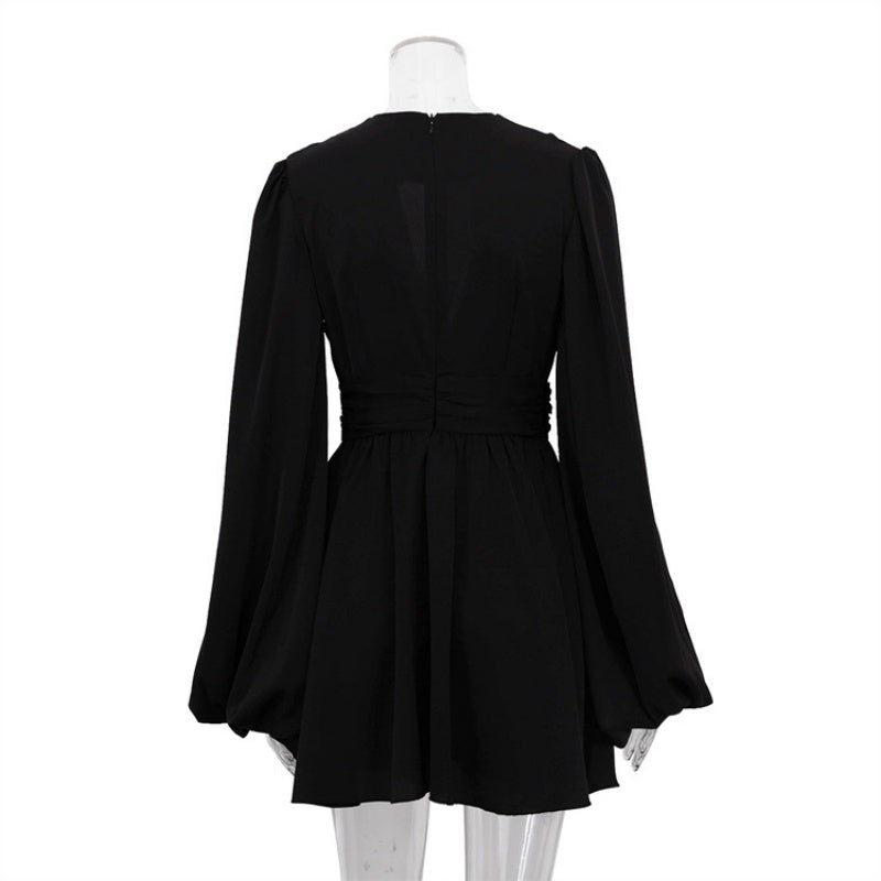 Plunging Flared Sleeve Pleated Mini Dress