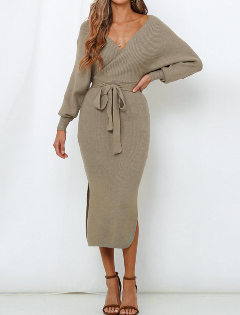 Cross-Front Belted Bodycon Midi Dress