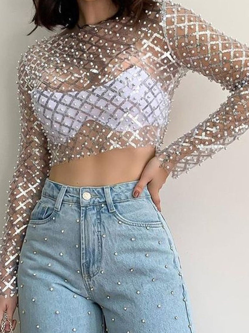 Beaded Mesh Long Sleeve Crop Top