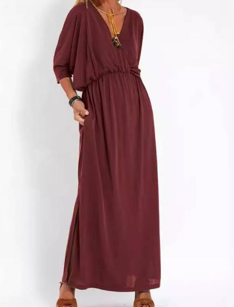 V-Neck Batwing Sleeve Maxi Dress with Pockets