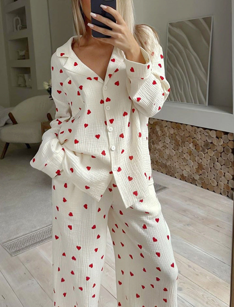 Heart Print Long Sleeve Pajama Set