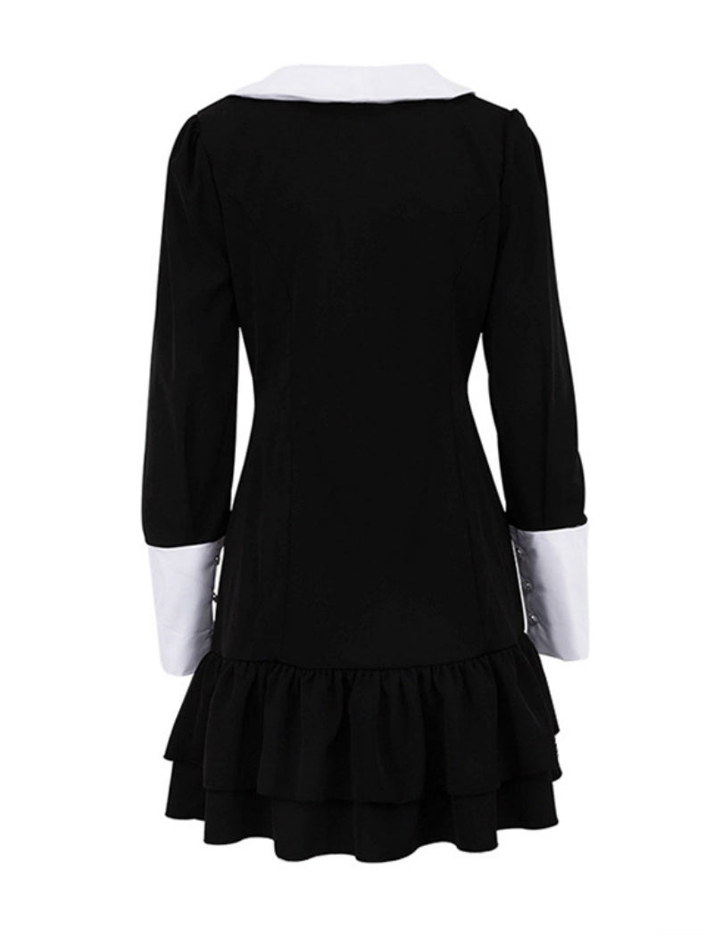 Contrast Collar Buttoned Ruffle Dress