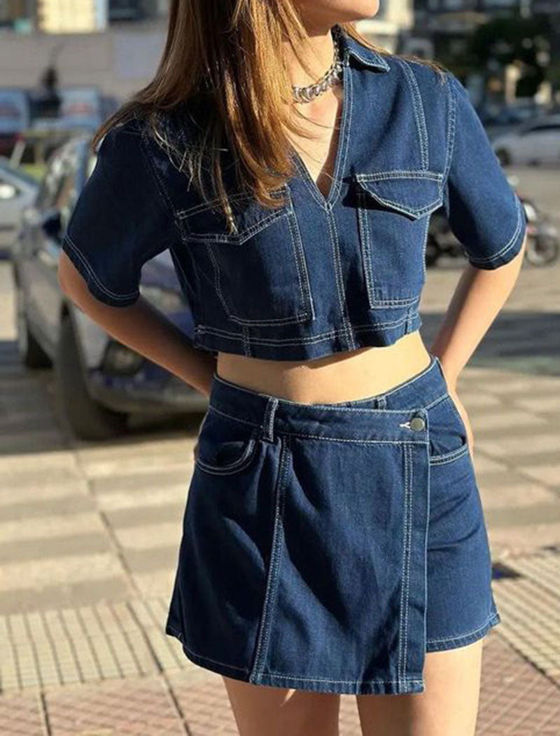 V-Neck Short Sleeve Top and Skirt Denim Set