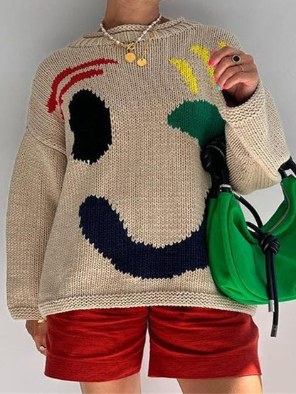 Smile Print Colorblock Pullover Sweater