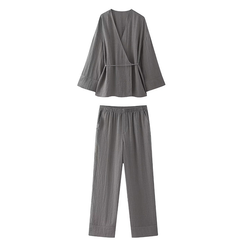 Wrap-Style Top and Wide-Leg Pants Set