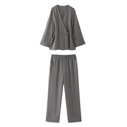 Wrap-Style Top and Wide-Leg Pants Set