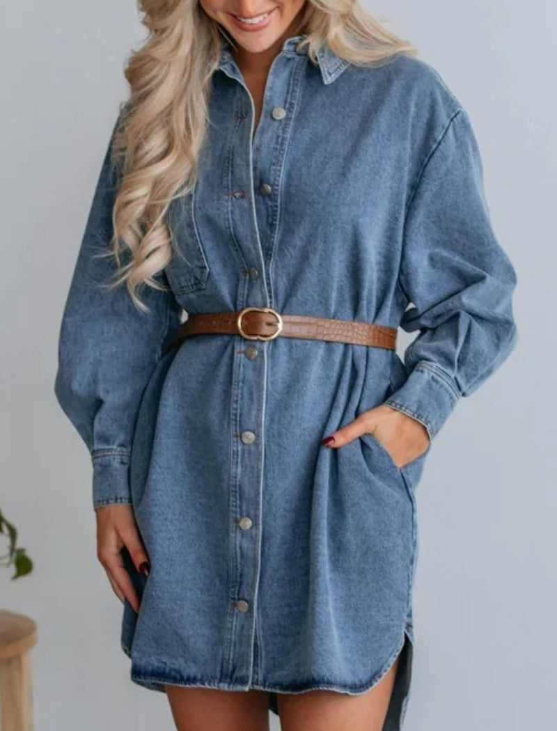 Oversized Button-Up Denim Shirt Dress