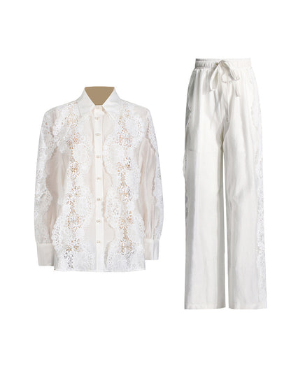 Lace Button-Up Shirt and Drawstring Pants Set