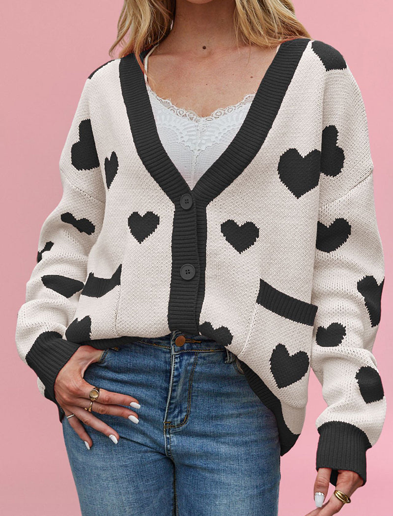 Button-Up Cardigan with Heart Accents