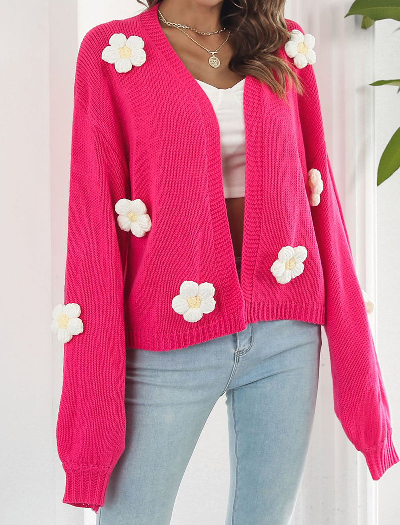 3D Flower Lantern Sleeve Knit Cardigan