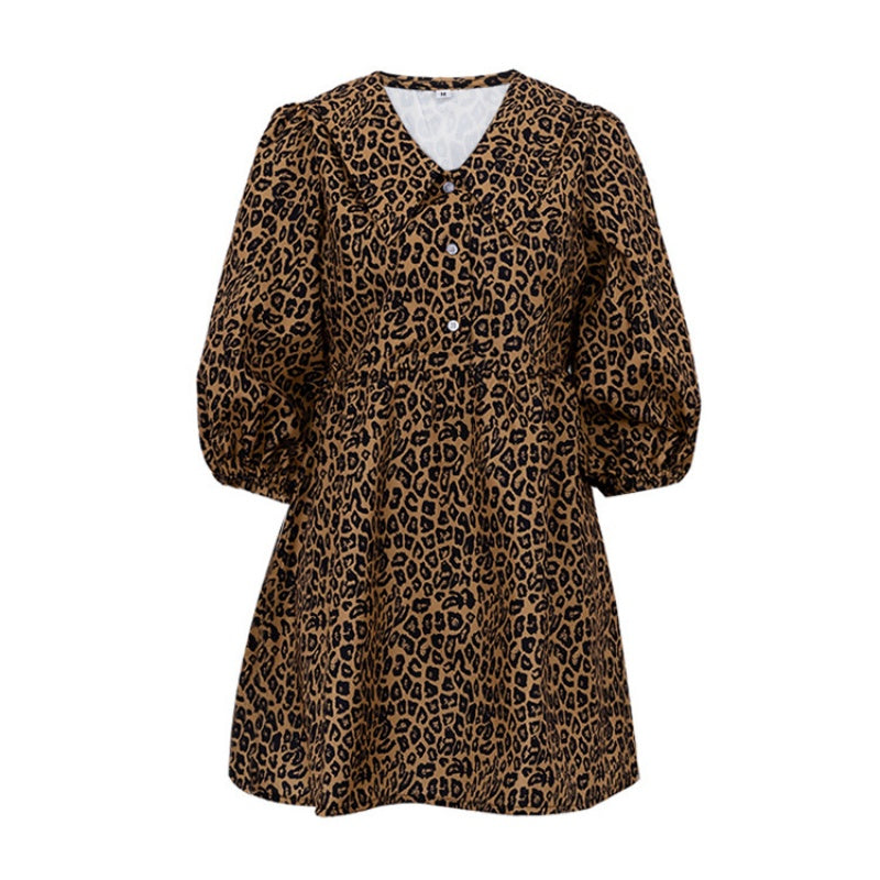 Belted Leopard Print Puff Sleeve Dress