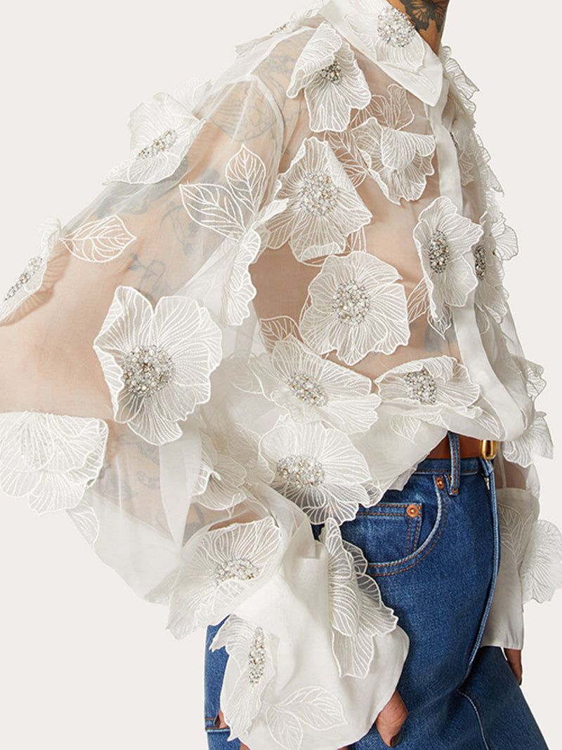 Sheer Floral Button-Up Shirt