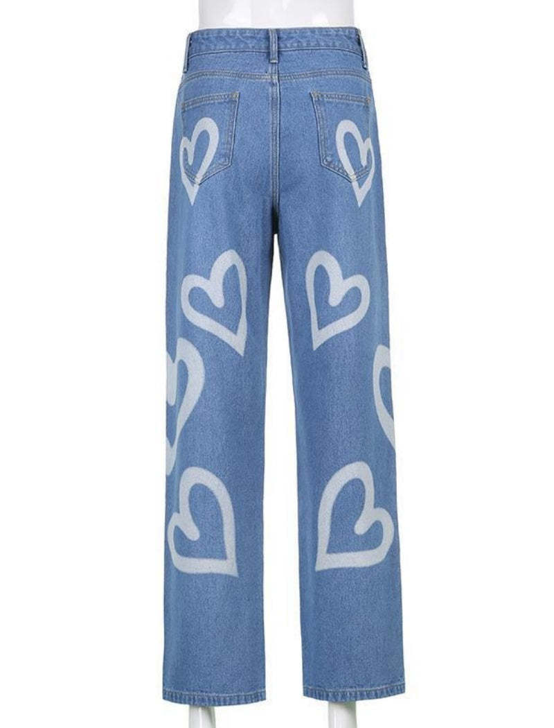 Heart Print Wide-Leg Jeans