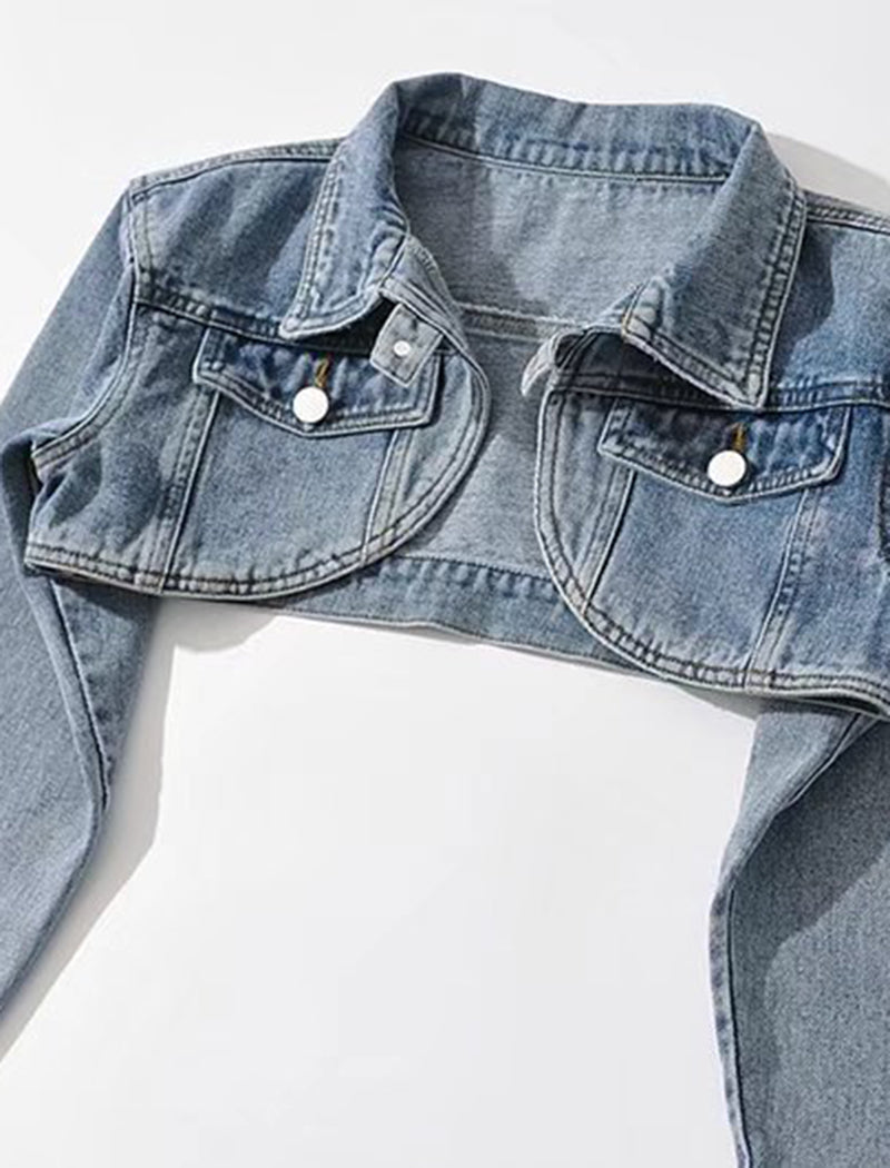 Cropped Button-Up Denim Bolero Jacket