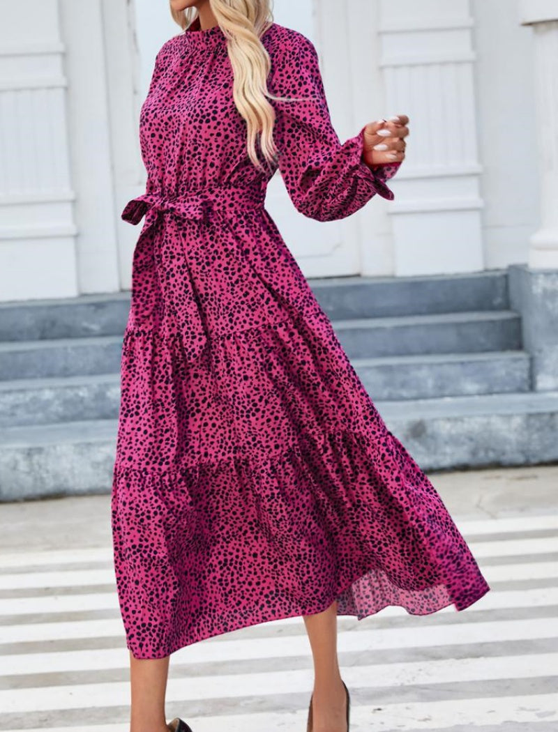 Printed Belted Maxi Dress with Long Sleeves